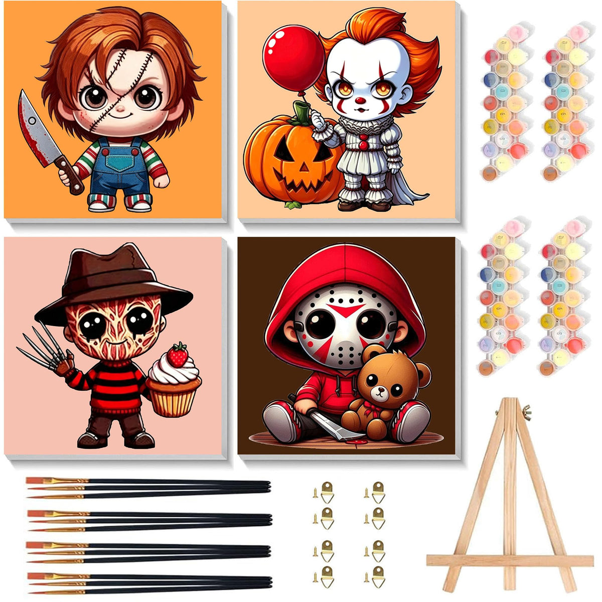 4 Pack Halloween Paint by Numbers for Kids with Frame Canvas - Wooden Easel