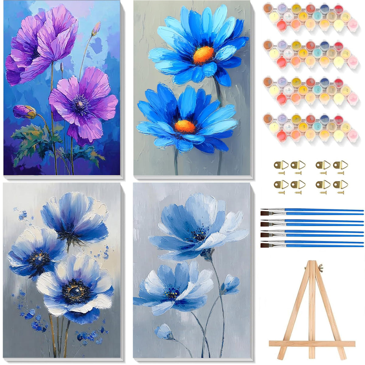 4 Pack Beach Paint by Numbers for Adults with Framed Canvas - Wooden Easel