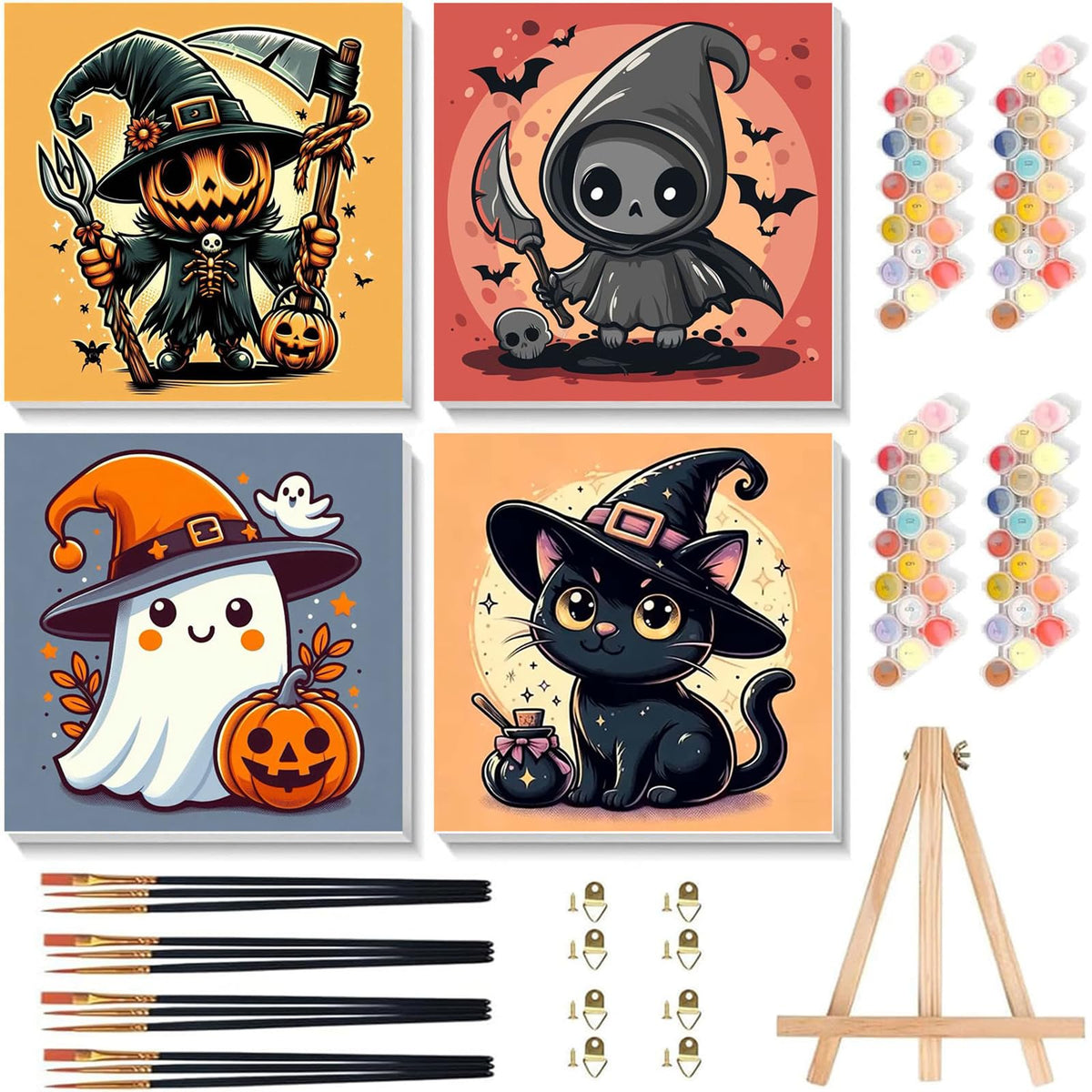 4 Pack Halloween Ghost Paint by Numbers Kit for Kids with Frame 8x8 inch
