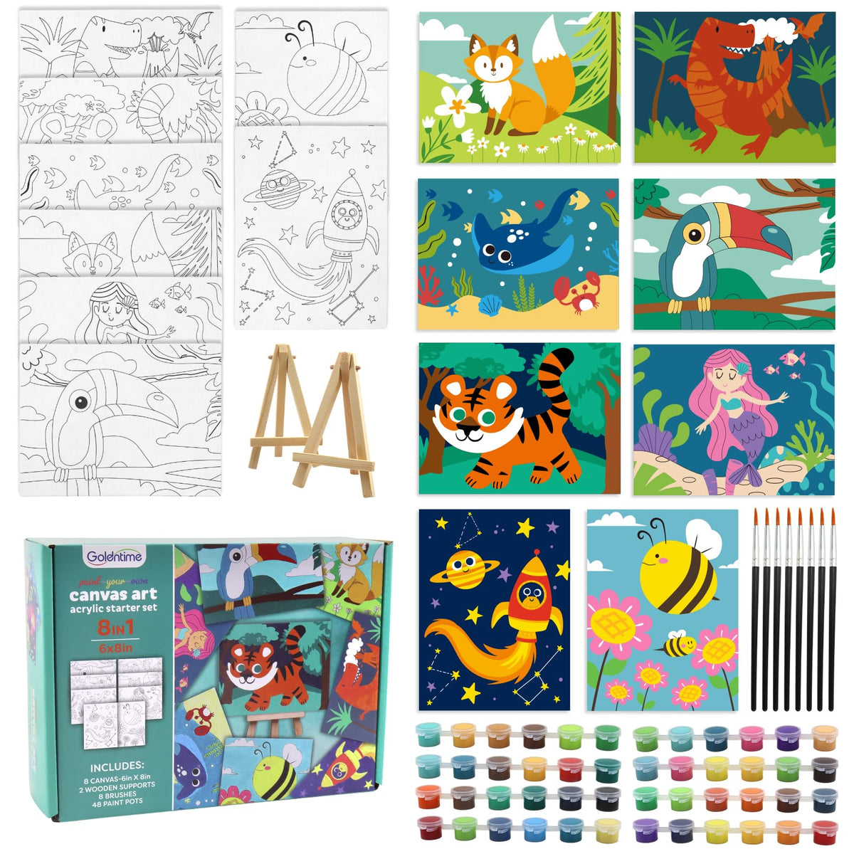 Goldentime 8 Pack Paint by Numbers Kit for Adults and Kids Beginners | 8x10 Inch Flower Canvas Painting Kit with 16 Brushes, 26 Acrylic Paints & Wooden Supports | Predrawn Canvas for Home Decor Gifts