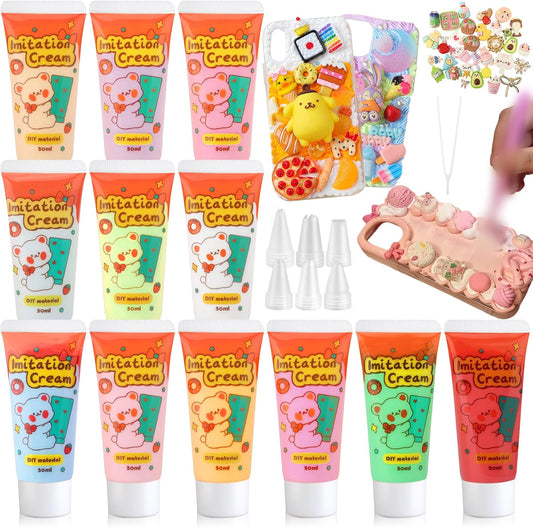 Cream Glue, 12 PCS Simulation Cream Glue with Piping Tip for DIY Phone Case