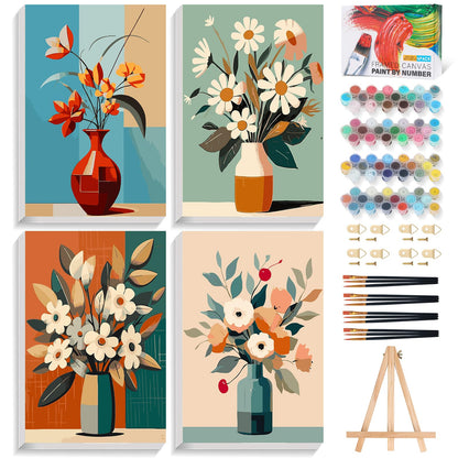 4 Pack Framed Paint by Numbers Kit for Adults with Wooden Easel, 8x12 Inch