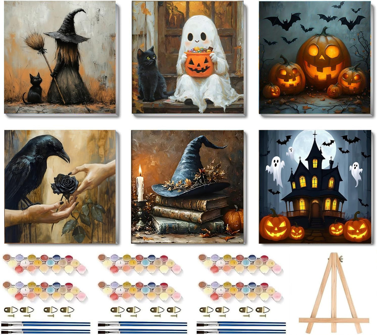 LWZAYS 6 Pack Fall Paint by Numbers Kit for Adults with Frame, Easy Autumn Paint by Number for Adults Beginner with Wooden Easel, DIY Painting by Numbers Canvas Framed for Home Decor 8 x 8 Inch