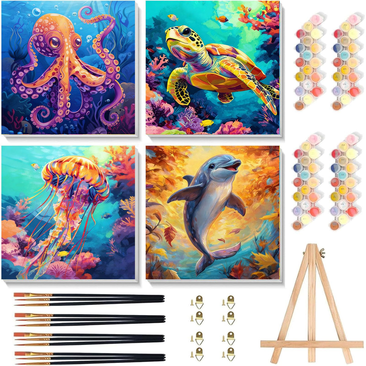 Arttoplus 4 Pack Paint by Numbers Kit for Kids with Frame Animals 8x8 inch