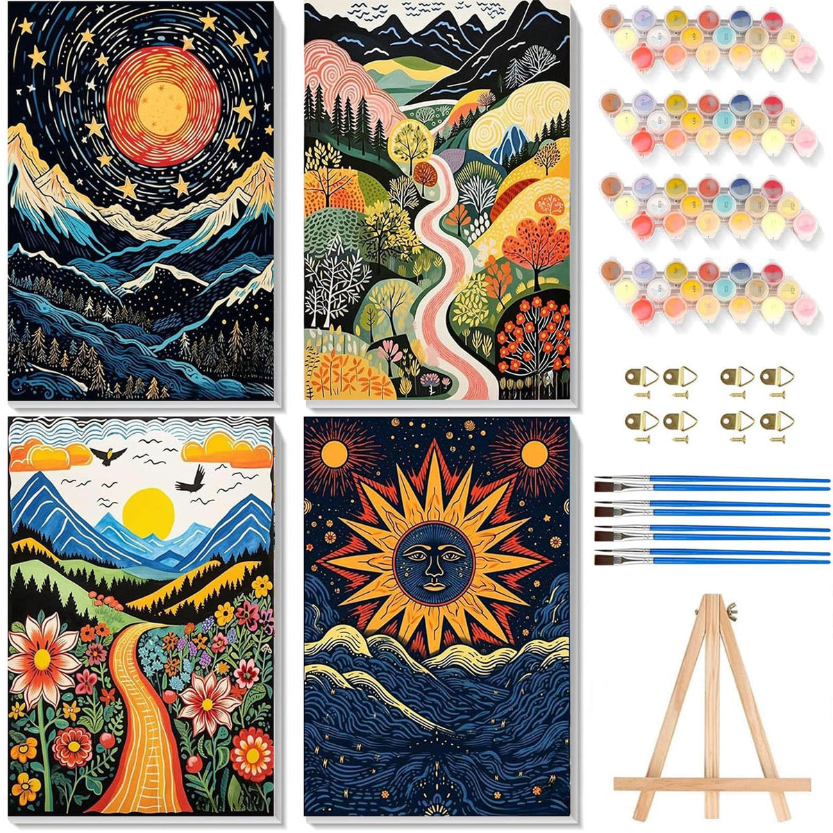 4 Pack Beach Paint by Numbers for Adults with Framed Canvas - Wooden Easel