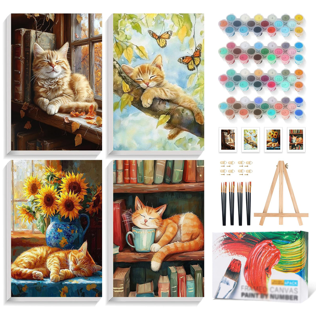 4 Pack Framed Paint by Numbers Kit for Adults with Wooden Easel, Plant