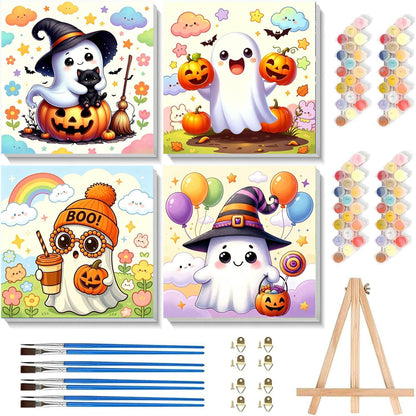 4 Pack Halloween Ghost Paint by Numbers Kit for Kids with Frame 8x8 inch
