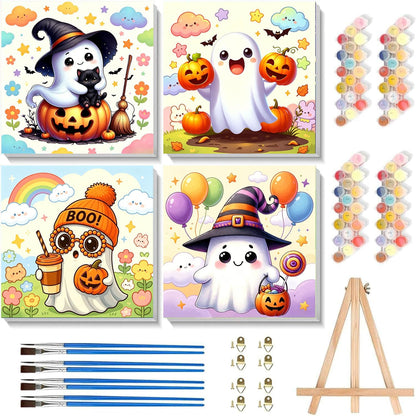 4 Pack Halloween Ghost Paint by Numbers Kit for Kids with Frame 8x8 inch