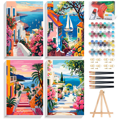 Okarina 4 Pack Paint by Numbers Kit for Adults with Frame, Easy Flower