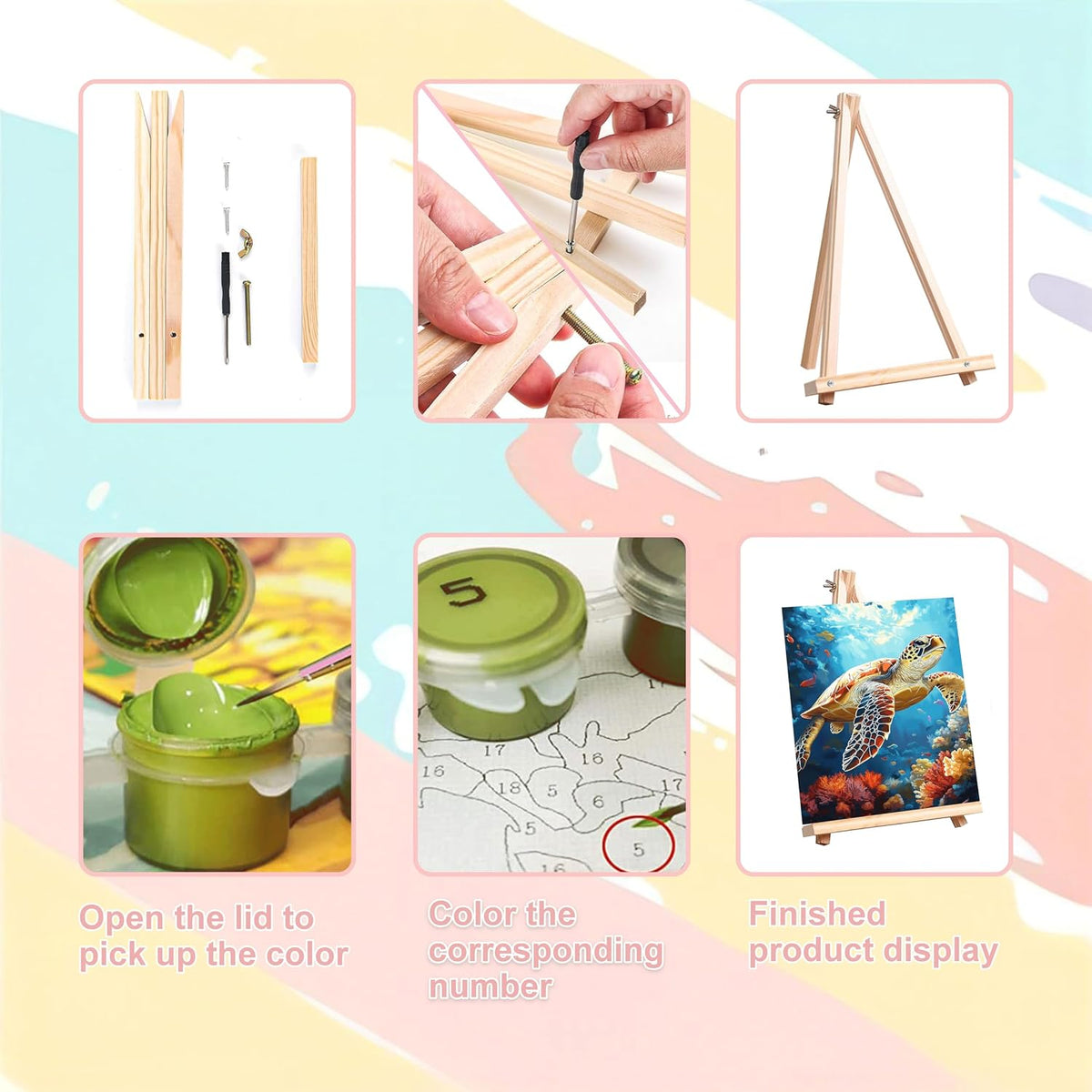 4 Pack Beach Paint by Numbers for Adults with Framed Canvas - Wooden Easel
