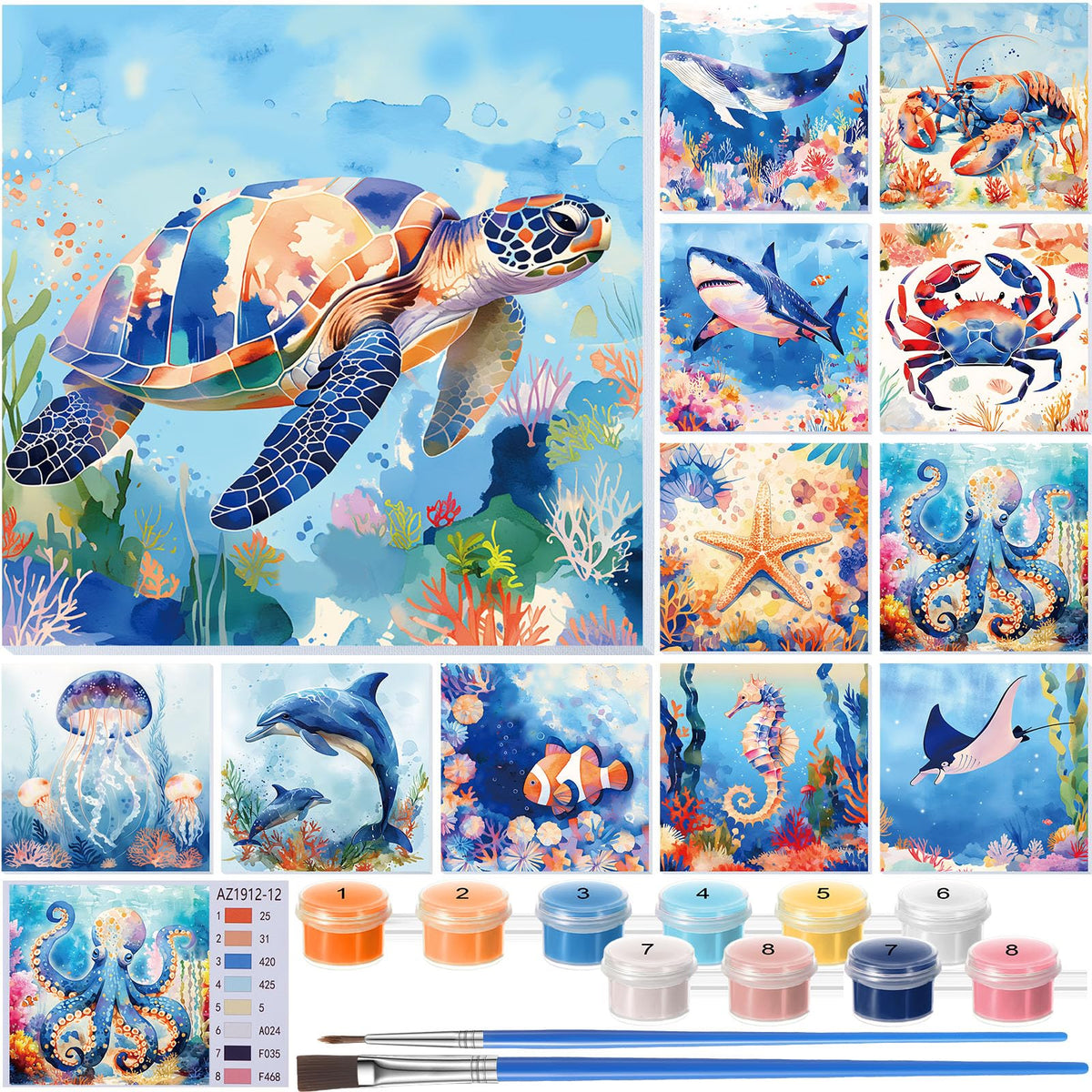 Nezyo 12 Sets Paint by Numbers Kit with Frame for Adults, Acrylic 8x8 Inch