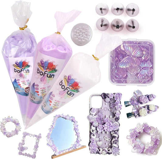 Purple Whipped Cream Glue Handmade Set, Ideal for Miniature, Jewelry & DIY Phone Cases, with 3 Decoden Cream, 6 Tips, Pearl& Resin Packs (Purple/Pearl)