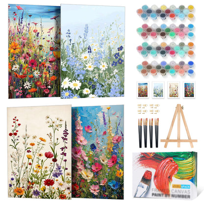 4 Pack Framed Paint by Numbers Kit for Adults with Wooden Easel, Plant