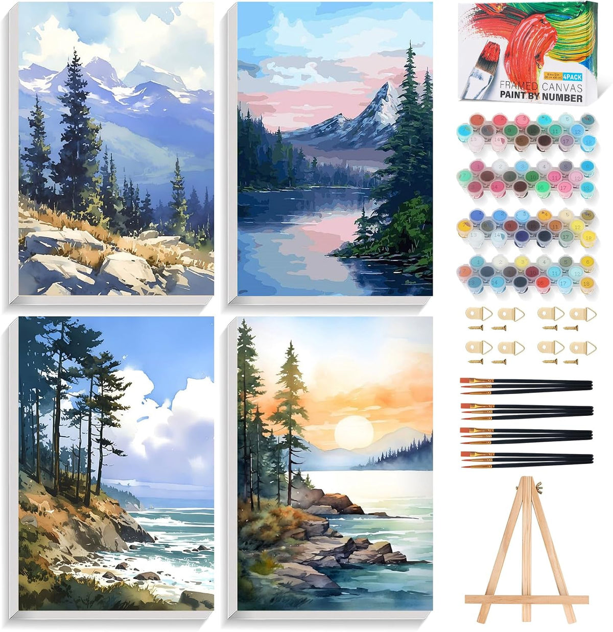 4 Pack Framed Paint by Numbers Kit for Adults Landscape with Wooden Easel