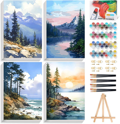 4 Pack Framed Paint by Numbers Kit for Adults Landscape with Wooden Easel