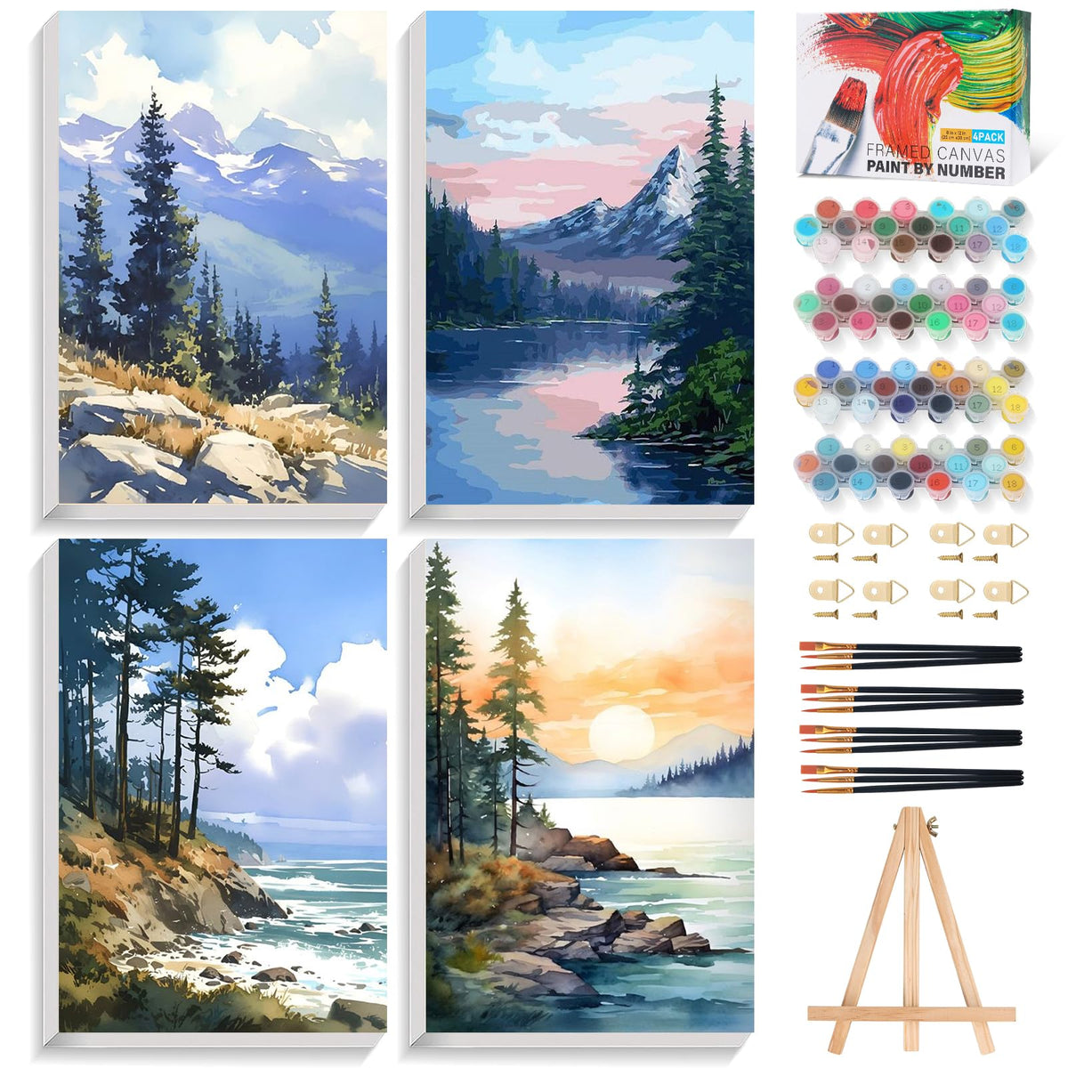 4 Pack Framed Paint by Numbers Kit for Adults Landscape with Wooden Easel