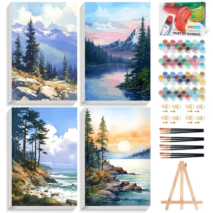 4 Pack Framed Paint by Numbers Kit for Adults Landscape with Wooden Easel
