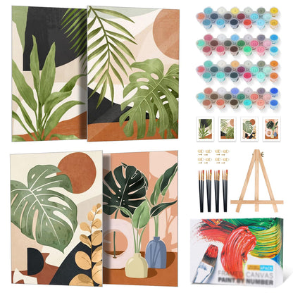 4 Pack Framed Paint by Numbers Kit for Adults with Wooden Easel, Plant