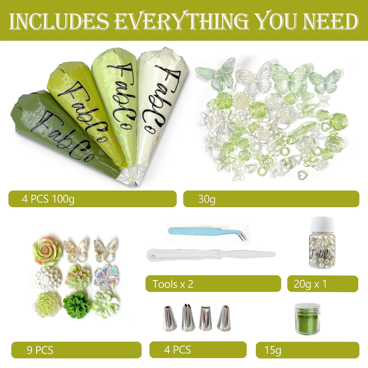 Decoden Cream Glue Kit for DIY Phone Cases, 4 Tubes 100g Whipped Cream Glue withPearl, Flower Charms, for Girls, Birthday Gifts, Summer Crafts and Party Activities(Avocado Green)