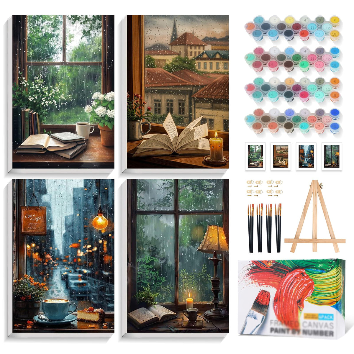 4 Pack Framed Paint by Numbers Kit for Adults with Wooden Easel, Plant