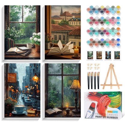 4 Pack Framed Paint by Numbers Kit for Adults with Wooden Easel, Plant