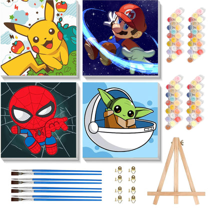 4 Pack Halloween Paint by Numbers for Kids with Frame Canvas - Wooden Easel