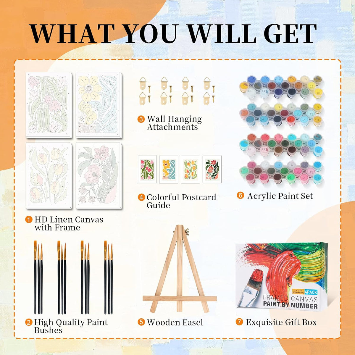 Okarina 4 Pack Paint by Numbers Kit for Adults with Frame, Easy Flower