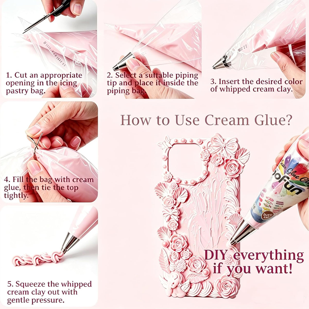 BoFUN Pink Decoden Cream Glue with Charms, Whipped Cream Glue Clay Kit