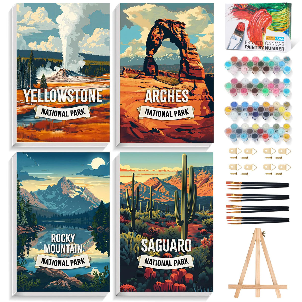 4 Pack Framed Paint by Numbers Kit for Adults Landscape with Wooden Easel