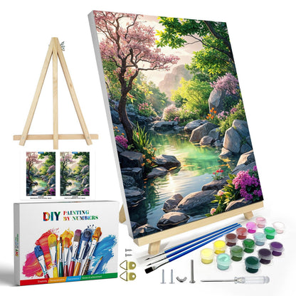 JOOZ Paint by Numbers Kit for Adults with Frame, Landscape Paint by Number Canvas, Mountain Paint by Numbers with Easel, DIY Flowers Scenery Oil Painting Kit for Home Wall Decor 8 x 12 Inch