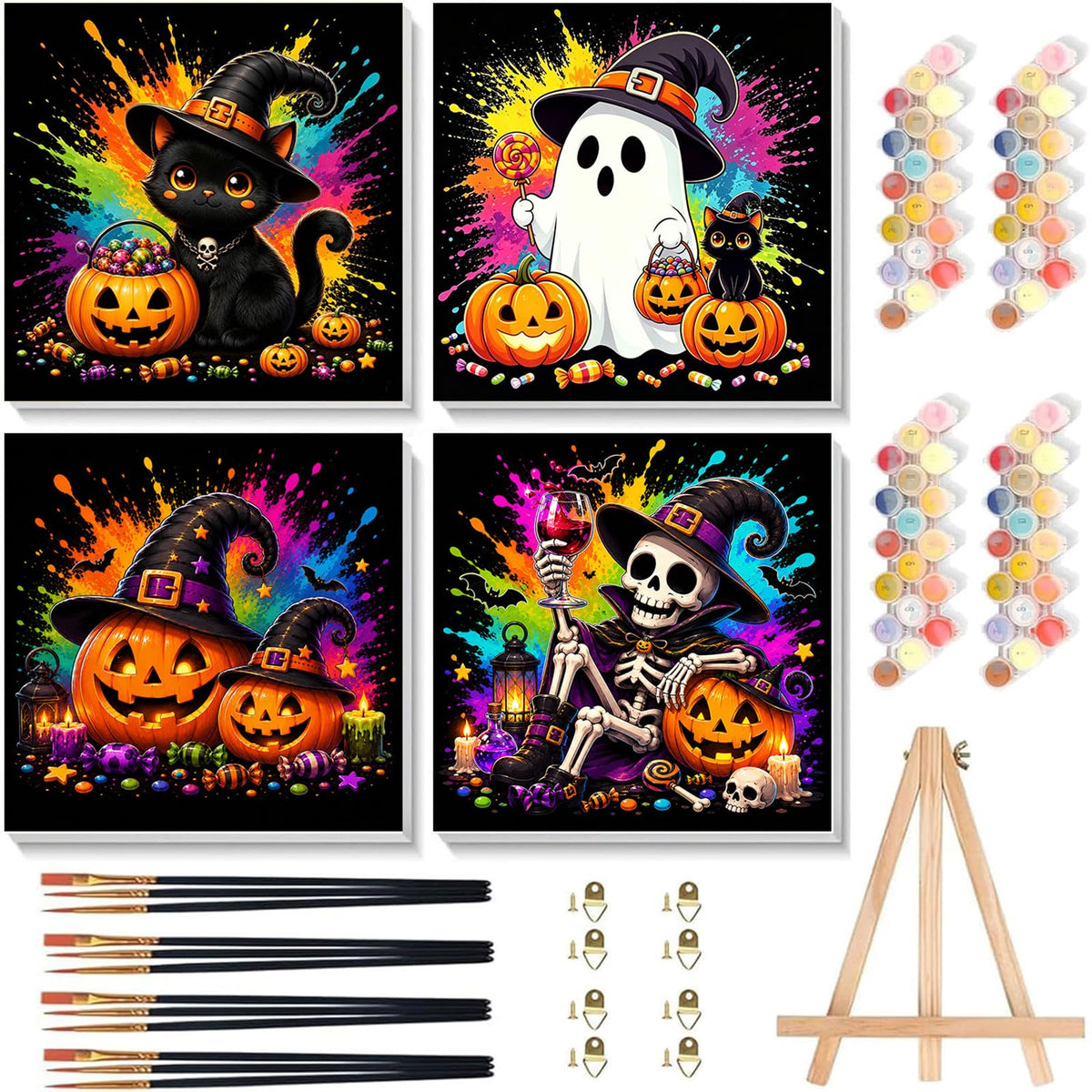 4 Pack Halloween Ghost Paint by Numbers Kit for Kids with Frame 8x8 inch