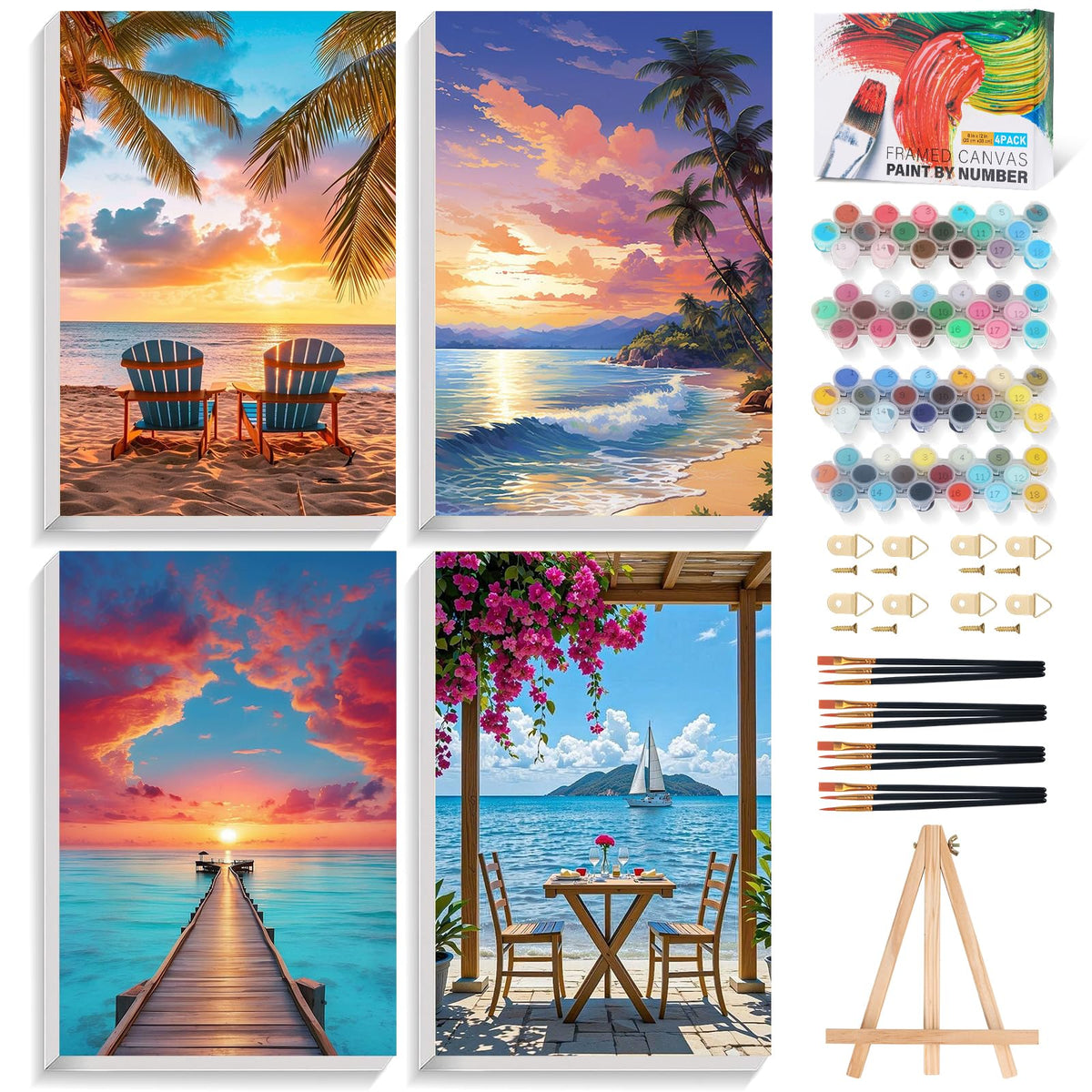4 Pack Framed Paint by Numbers Kit for Adults Landscape with Wooden Easel
