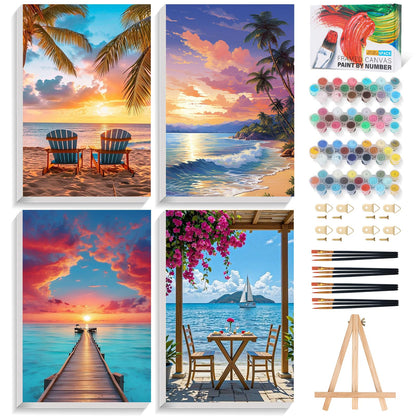 4 Pack Framed Paint by Numbers Kit for Adults Landscape with Wooden Easel
