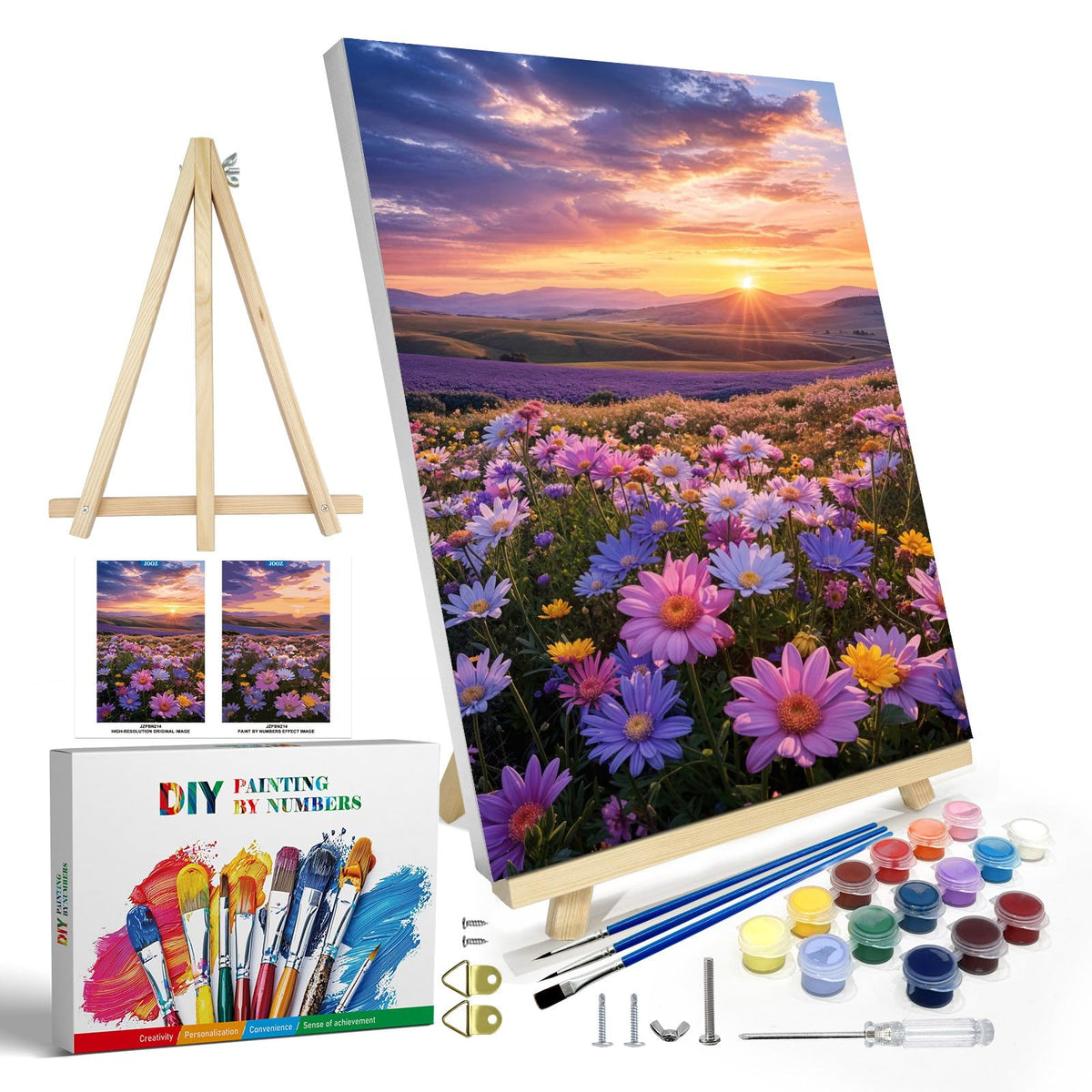 JOOZ Paint by Numbers Kit for Adults with Frame, Landscape Paint by Number Canvas, Mountain Paint by Numbers with Easel, DIY Flowers Scenery Oil Painting Kit for Home Wall Decor 8 x 12 Inch