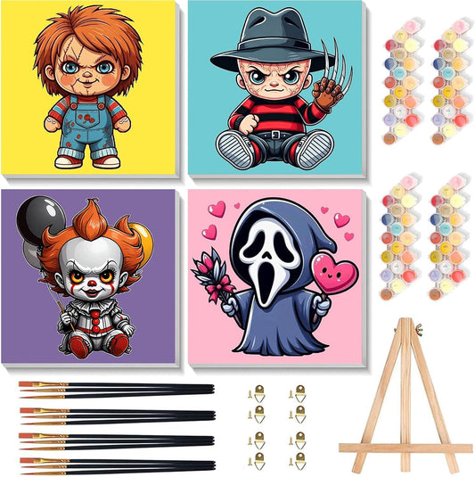 4 Pack Halloween Paint by Numbers for Kids with Frame Canvas - Wooden Easel