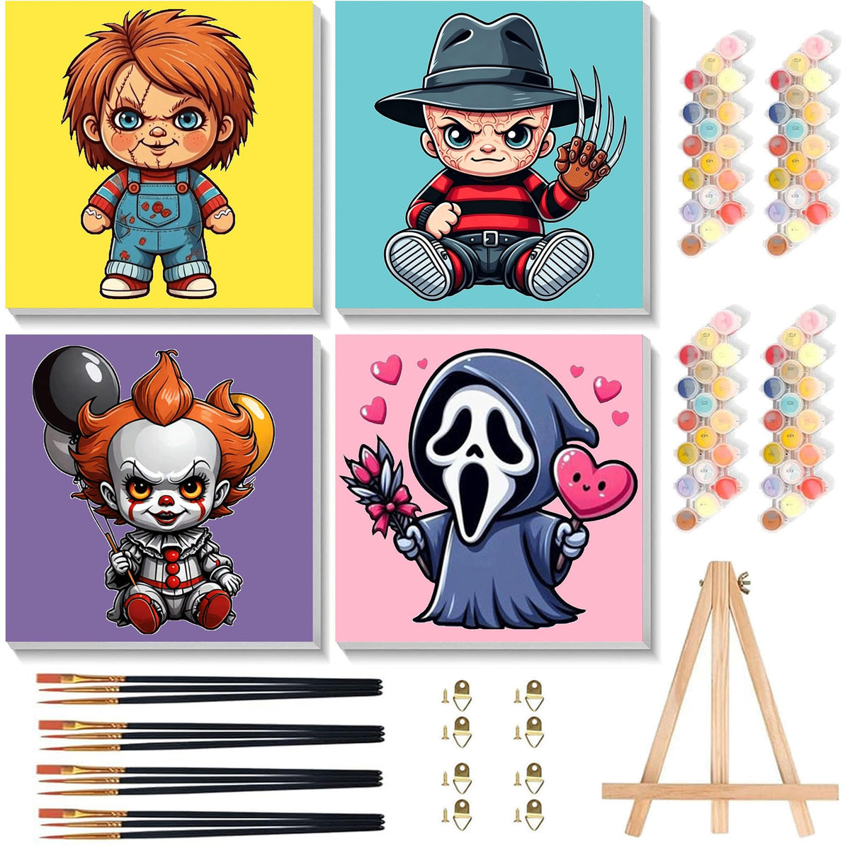 4 Pack Halloween Paint by Numbers for Kids with Frame Canvas - Wooden Easel