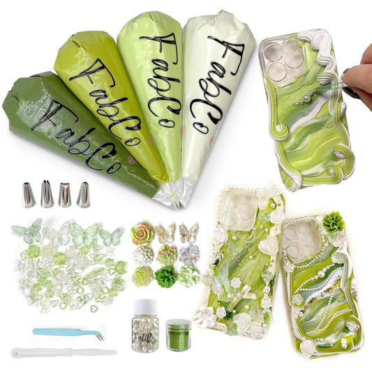 Decoden Cream Glue Kit for DIY Phone Cases, 4 Tubes 100g Whipped Cream Glue withPearl, Flower Charms, for Girls, Birthday Gifts, Summer Crafts and Party Activities(Avocado Green)