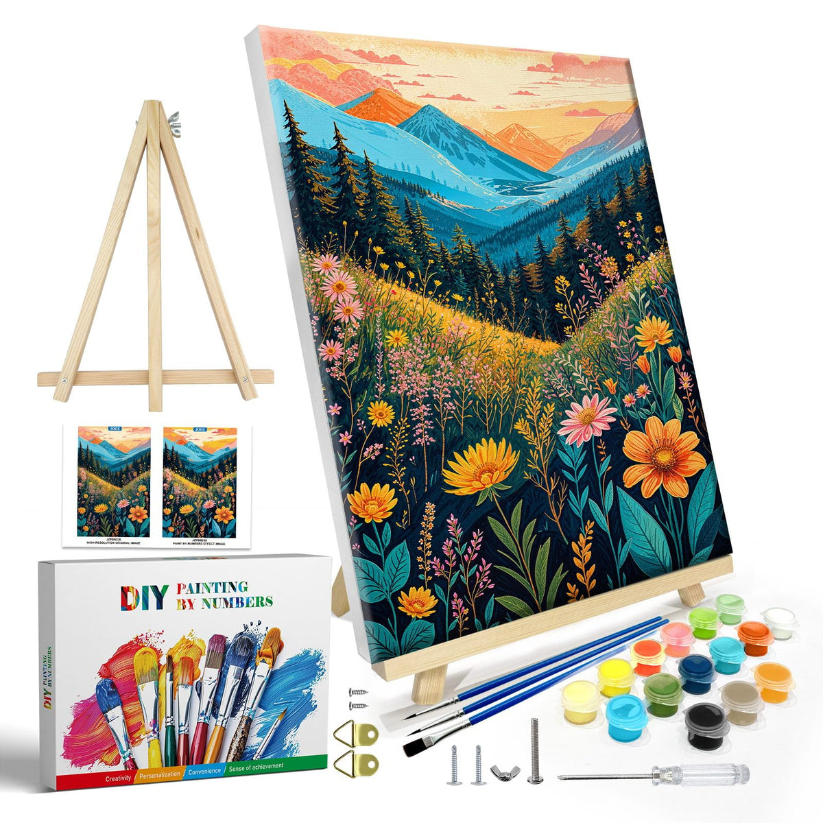 JOOZ Paint by Numbers Kit for Adults with Frame, Landscape Paint by Number Canvas, Mountain Paint by Numbers with Easel, DIY Flowers Scenery Oil Painting Kit for Home Wall Decor 8 x 12 Inch