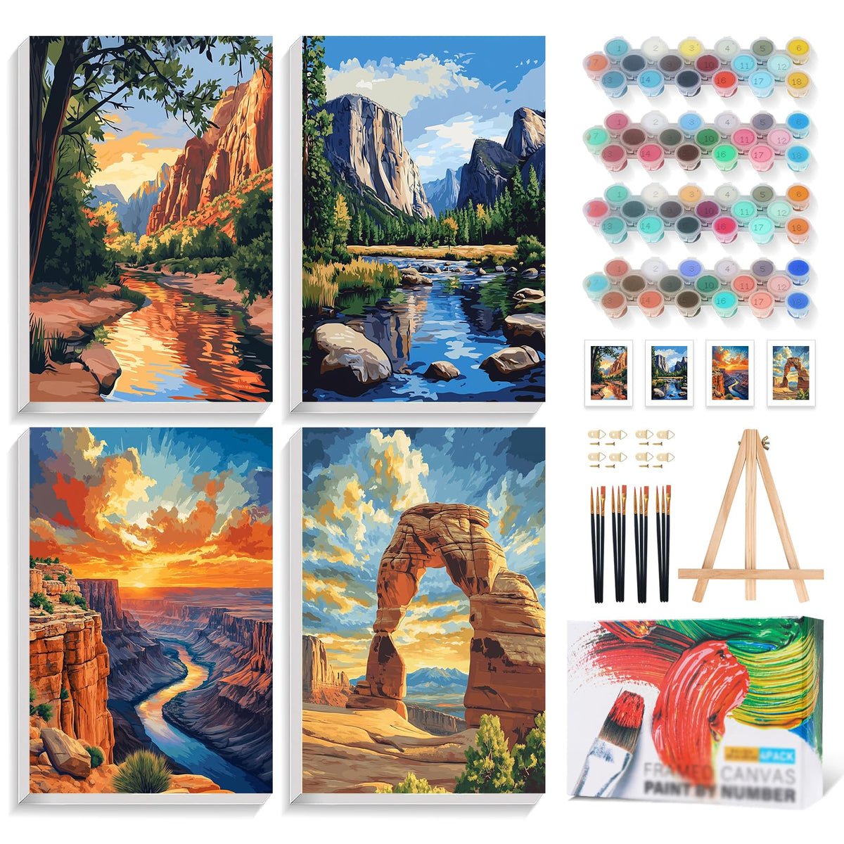 4 Pack Framed Paint by Numbers Kit for Adults with Wooden Easel, Plant