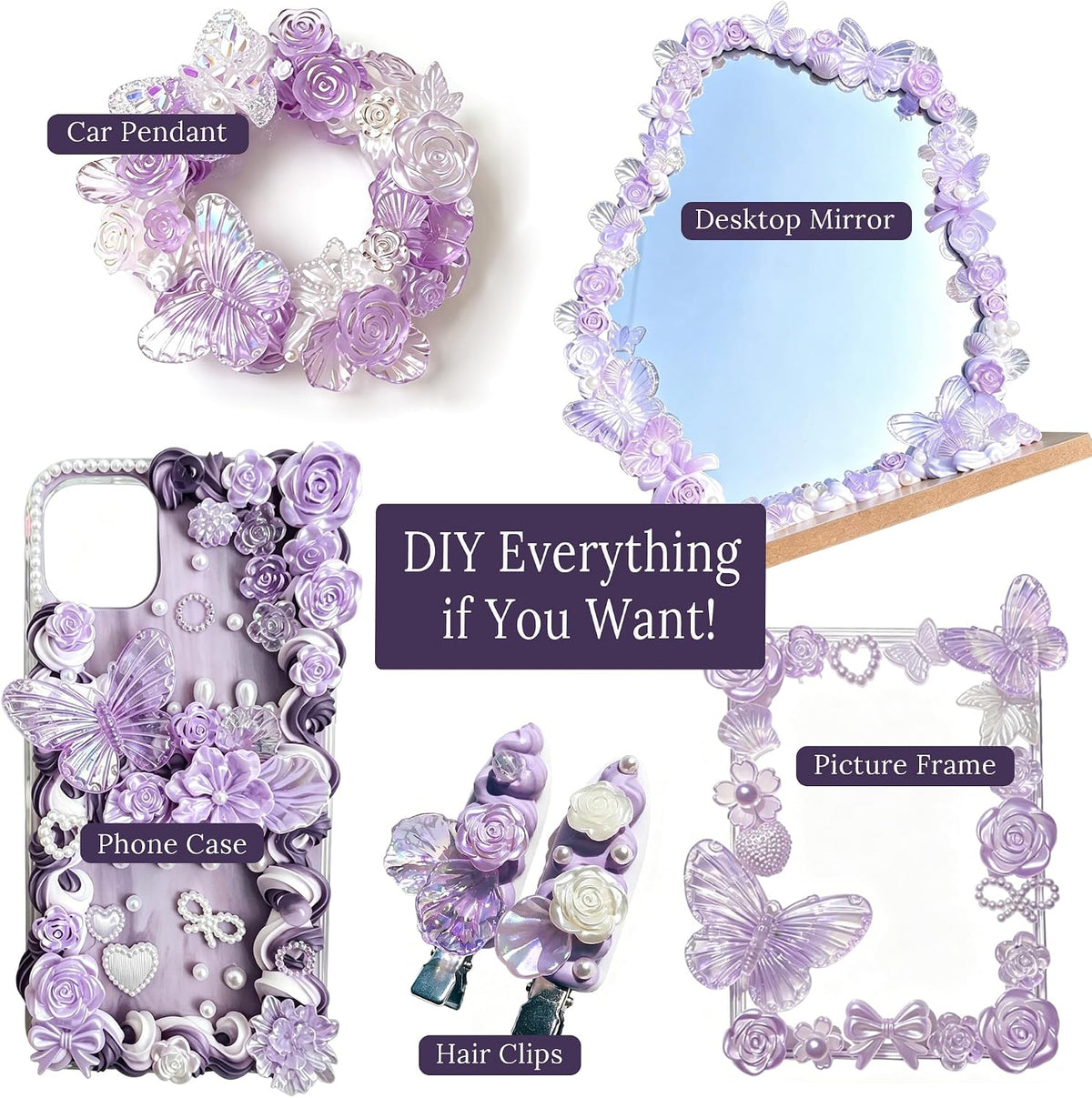 Purple Whipped Cream Glue Handmade Set, Ideal for Miniature, Jewelry & DIY Phone Cases, with 3 Decoden Cream, 6 Tips, Pearl& Resin Packs (Purple/Pearl)