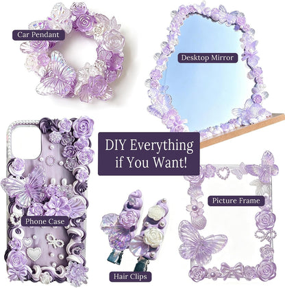 Purple Whipped Cream Glue Handmade Set, Ideal for Miniature, Jewelry & DIY Phone Cases, with 3 Decoden Cream, 6 Tips, Pearl& Resin Packs (Purple/Pearl)