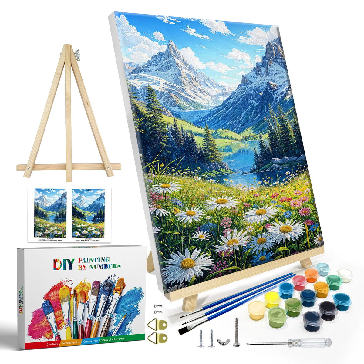 JOOZ Paint by Numbers Kit for Adults with Frame, Landscape Paint by Number Canvas, Mountain Paint by Numbers with Easel, DIY Flowers Scenery Oil Painting Kit for Home Wall Decor 8 x 12 Inch