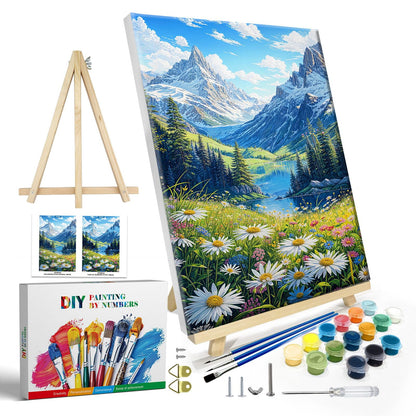 JOOZ Paint by Numbers Kit for Adults with Frame, Landscape Paint by Number Canvas, Mountain Paint by Numbers with Easel, DIY Flowers Scenery Oil Painting Kit for Home Wall Decor 8 x 12 Inch