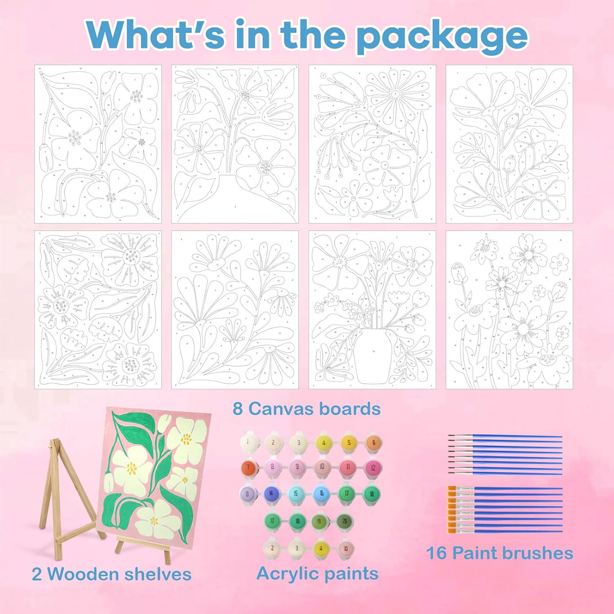 Goldentime 8 Pack Paint by Numbers Kit for Adults and Kids Beginners | 8x10 Inch Flower Canvas Painting Kit with 16 Brushes, 26 Acrylic Paints & Wooden Supports | Predrawn Canvas for Home Decor Gifts