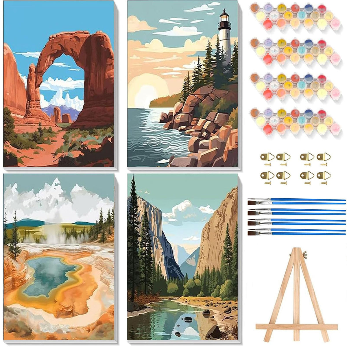 4 Pack Beach Paint by Numbers for Adults with Framed Canvas - Wooden Easel