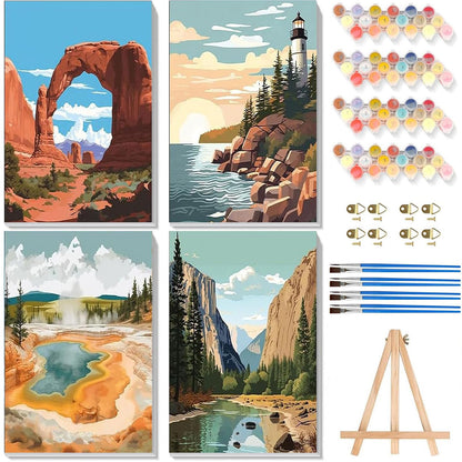 4 Pack Beach Paint by Numbers for Adults with Framed Canvas - Wooden Easel