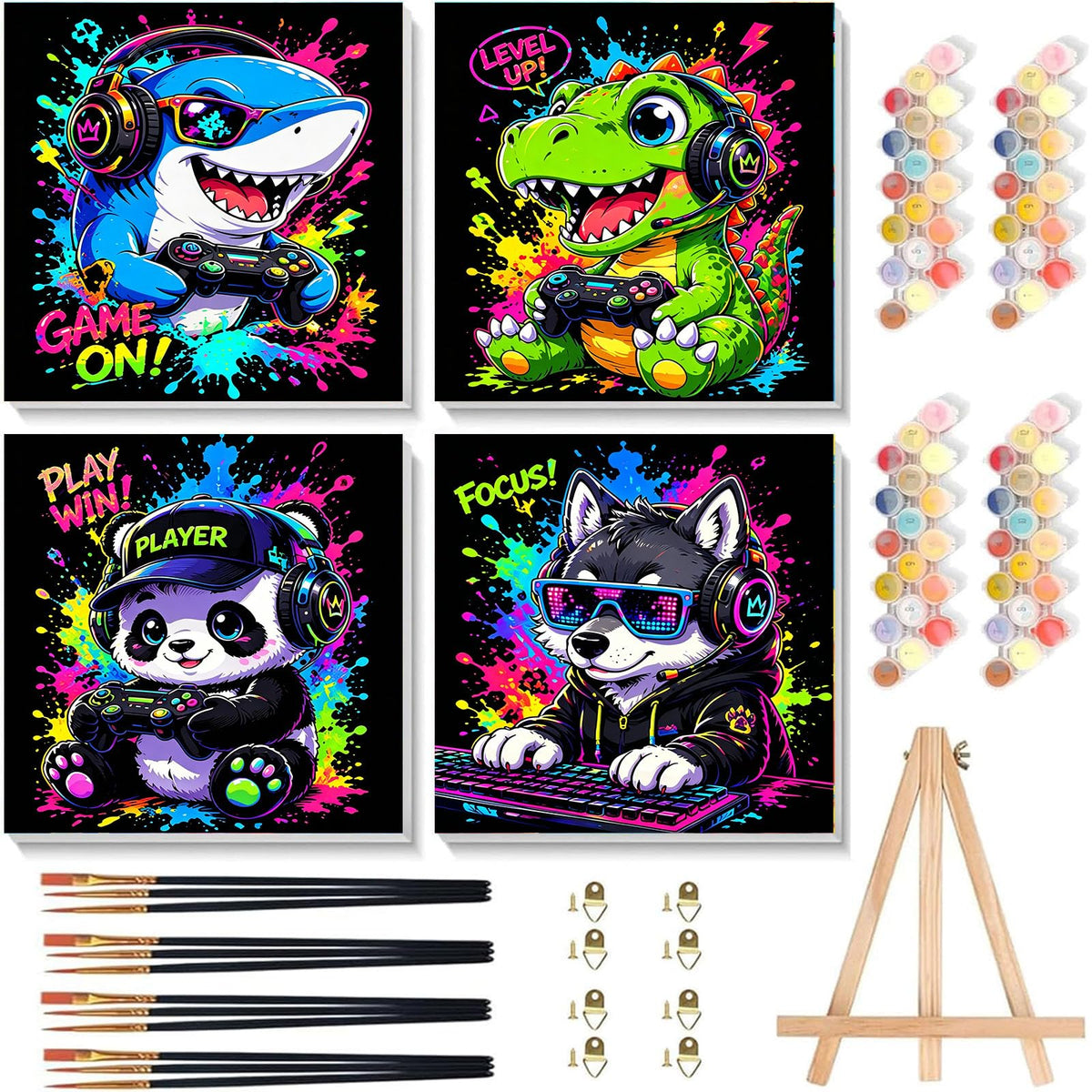 Arttoplus 4 Pack Paint by Numbers Kit for Kids with Frame Animals 8x8 inch