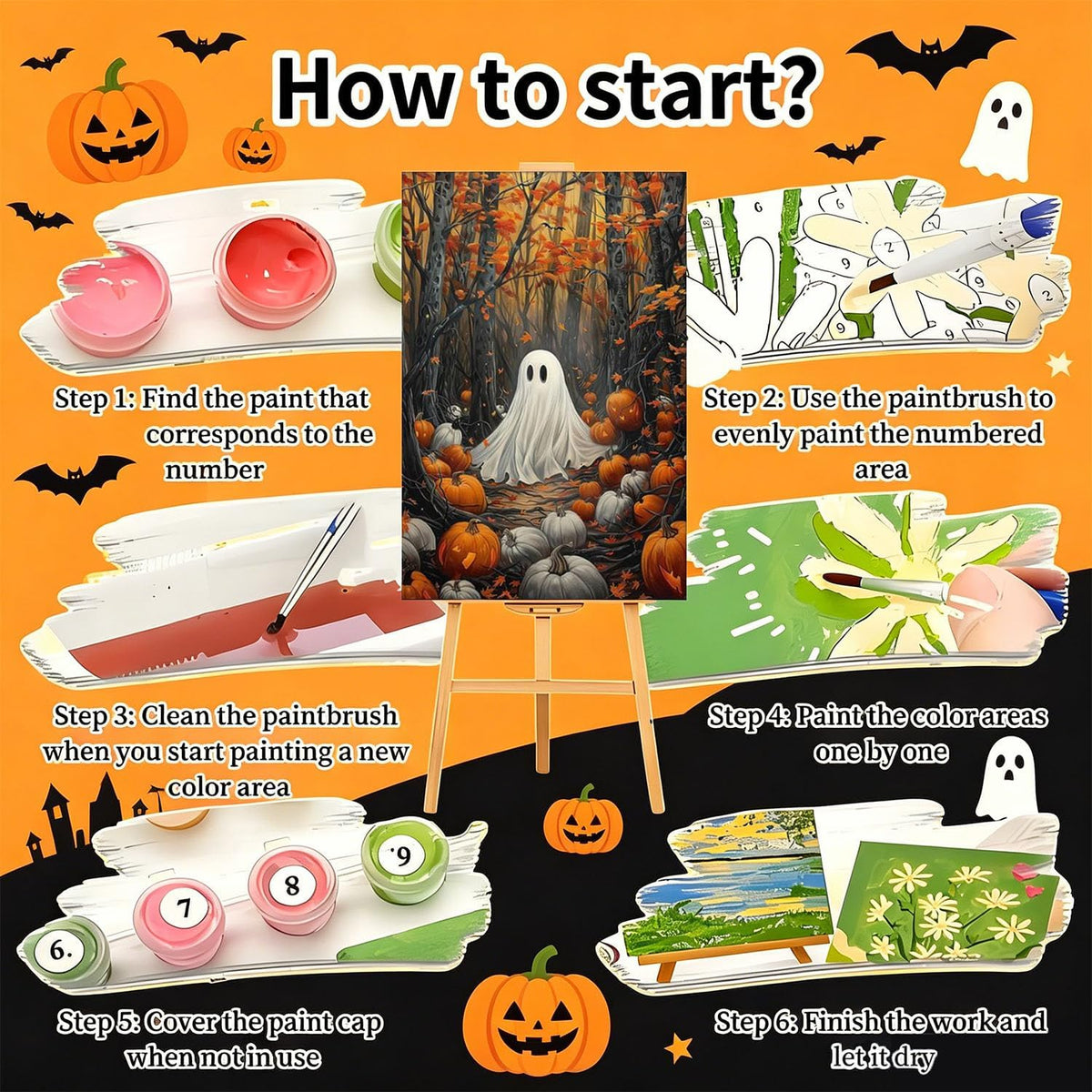 4 Pack Framed Paint by Numbers Kit for Adults Beginners Halloween 8x12 inch