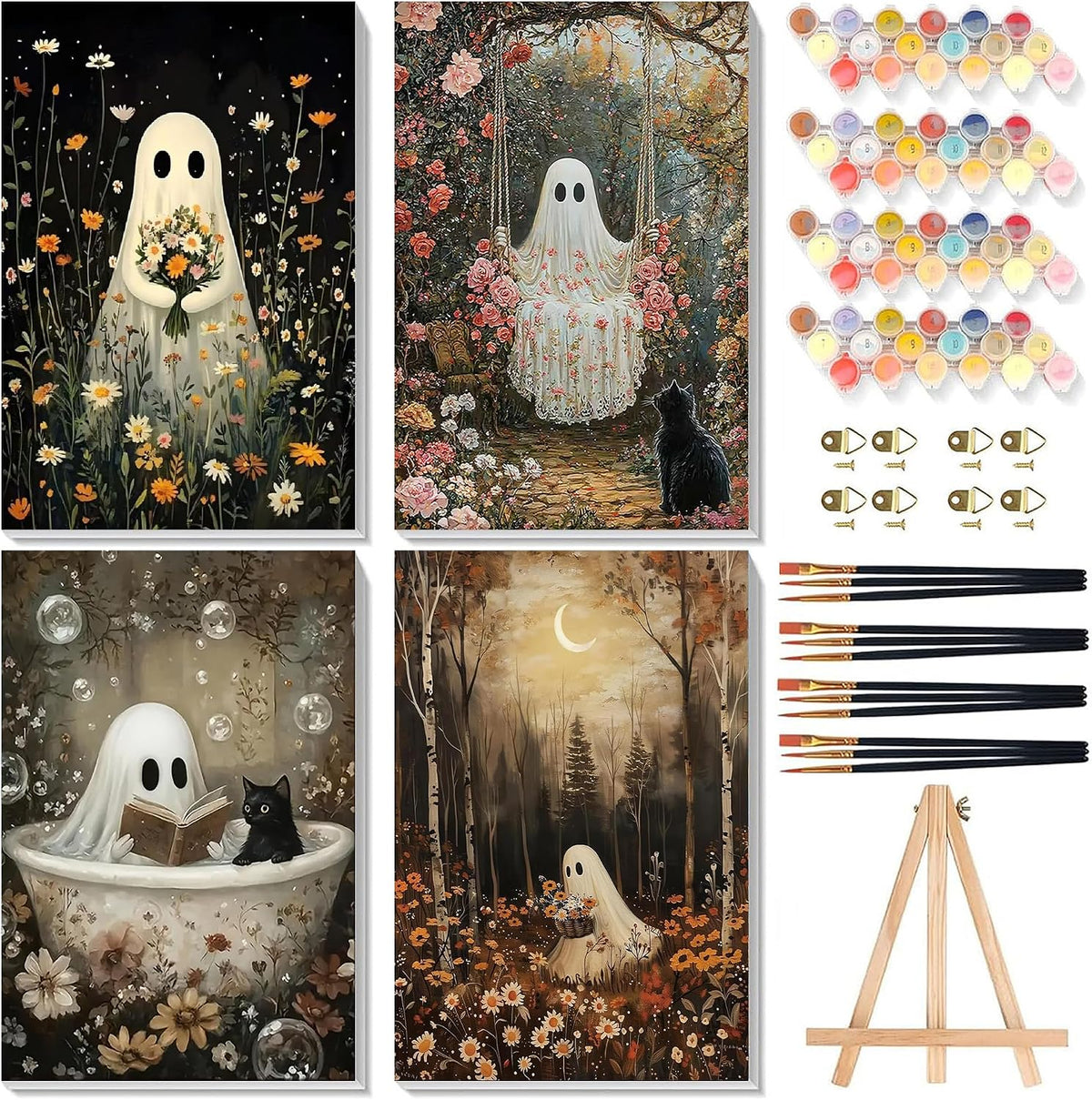 4 Pack Ghost Paint by Numbers for Adults with Framed Canvas - Wooden Easel