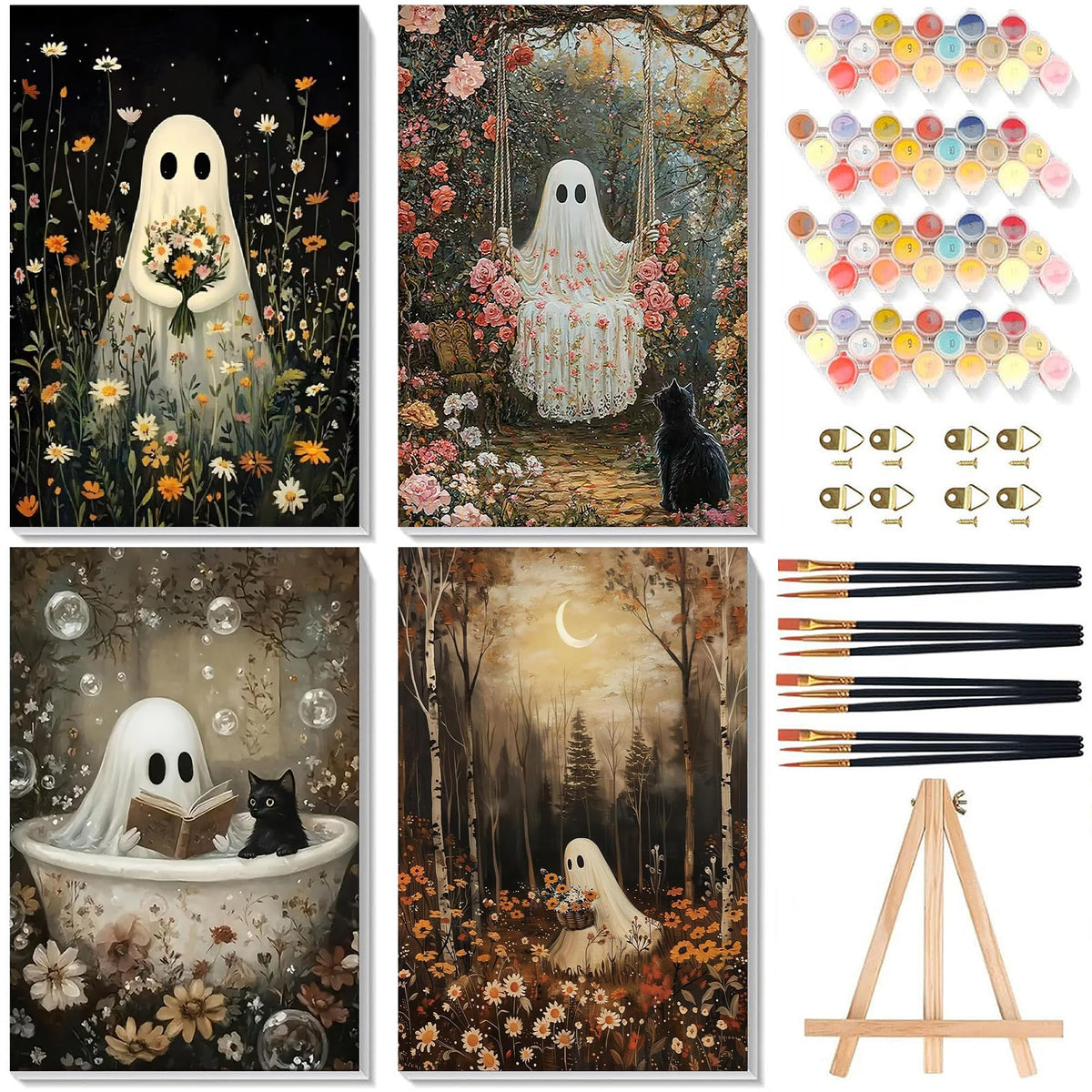 4 Pack Ghost Paint by Numbers for Adults with Framed Canvas - Wooden Easel